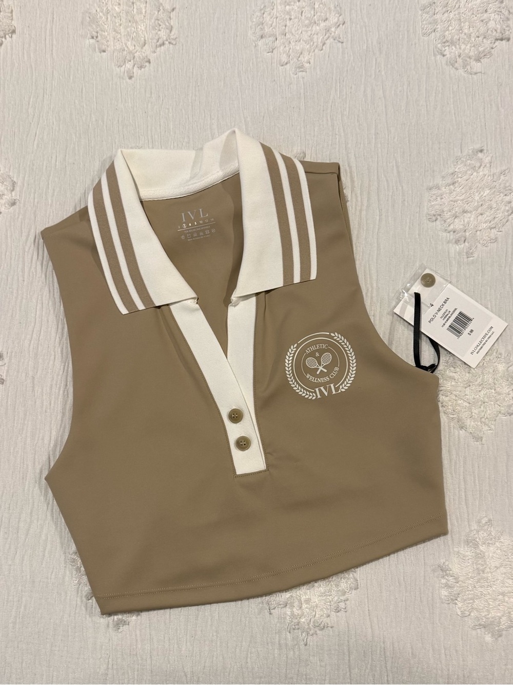 IVL Tan and White Sleeveless Polo Crop Top
